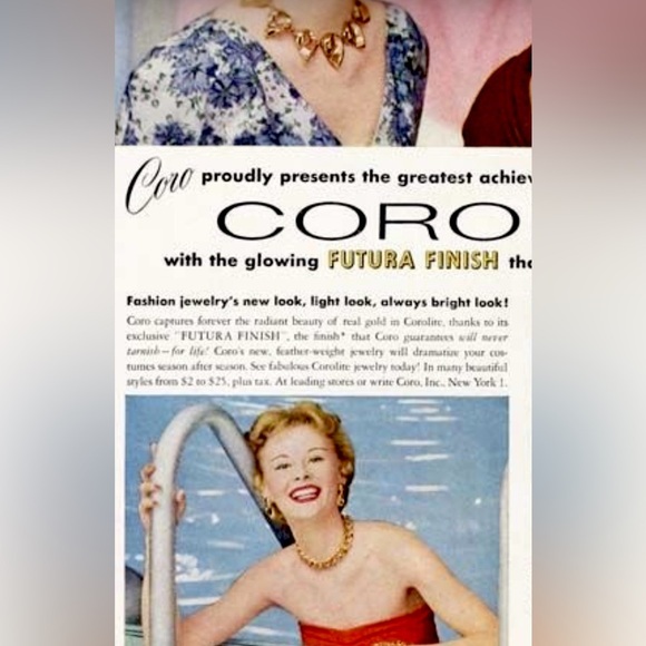 1950s Signed Coro Set (Gold Tone Necklace + Clip on Earrings) Bib Choker Collar - Picture 7 of 13